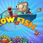 Dwa kolczaste ryby w pobliżu statku z działem, otoczone podwodnym światem z kolorowym napisem Blow Fish