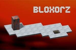 Bloxorz Czerwone tło z kamiennym bloczkiem na szarej platformie z otworem obok oraz napisem z pikseli