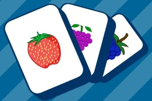 Trzy karty z ilustracjami owoców: truskawki, winogron i jagód na niebieskim tle w paski