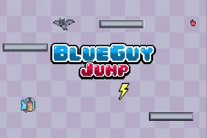 Niebieskie logo tekstowe BlueGuy Jump na tle kratki z postacią nietoperza, piorunem, półkami oraz jabłkiem