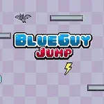 Niebieskie logo tekstowe BlueGuy Jump na tle kratki z postacią nietoperza, piorunem, półkami oraz jabłkiem