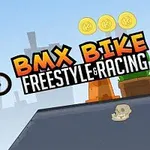 Postać na rowerze BMX wykonująca skok w powietrzu na tle miasta z monetami i czaszką na rampie, obok widoczny tytuł BMX Bike Freestyle & Racing