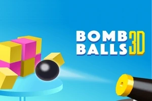 Działo strzelające kulą w stronę wieży z kolorowych klocków na niebieskim tle z napisem Bomb Balls 3D