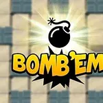 Rysunek bomby z płomieniem i napisem Bombem na tle kwadratowych płytek