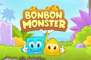 Dwie kolorowe postacie, niebieska i żółta, uśmiechają się pod znakiem Bonbon Monster na tle pastelowego, bajkowego krajobrazu