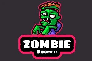 Zielony zombie z pomarańczowymi włosami i fioletową koszulką, z napisem Zombie Boomer na czarnym tle z różową ramką