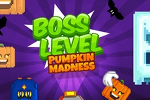 Napis Boss Level: Pumpkin Madness na fioletowym tle z grafikami dyni, nietoperzy i pikselowych elementów