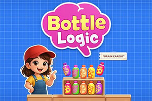 Kolorowy baner z napisem „Bottle Logic, uśmiechniętą dziewczynką i półkami pełnymi kolorowych butelek na niebieskim tle