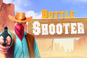 Kowboj w kapeluszu i czerwonej chuście celuje rewolwerem na tle pustynnego kanionu i napisu „Bottle Shooter