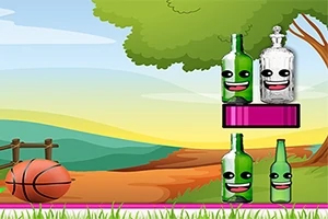 Bottle Shooter Kolorowa sceneria z uśmiechniętymi butelkami i piłką do koszykówki na tle krajobrazu z drzewem i pagórkami