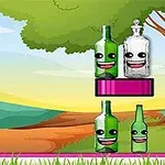 Bottle Shooter Kolorowa sceneria z uśmiechniętymi butelkami i piłką do koszykówki na tle krajobrazu z drzewem i pagórkami