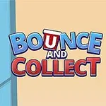 Ręka trzymająca czerwony kubek nad niebieską planszą z odbijającymi się kulkami oraz napis Bounce and Collect