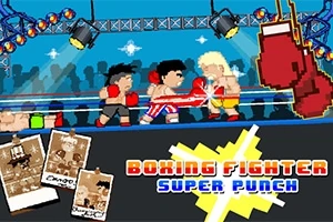 Pikselowa grafika przedstawiająca walkę bokserów w ringu z napisem Boxing Fighter Super Punch na dole