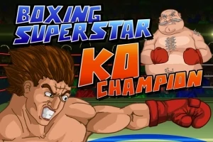 Dwóch rysunkowych bokserów na ringu, z dużymi napisami „Boxing Superstar KO Champion” na środku obrazu