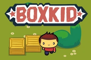 Postać z kreskówki stoi obok skrzyń na zielonym tle z dużym napisem BOXKID