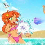 Trzy animowane postacie w strojach kąpielowych bawią się wodnymi balonami na plaży, przy słonecznej pogodzie
