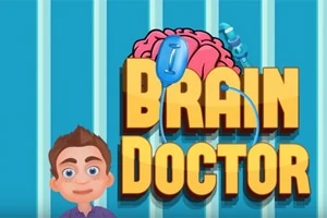 Chłopiec na tle z kolorowym mózgiem, strzykawką i dużym napisem BRAIN DOCTOR