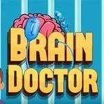 Chłopiec na tle z kolorowym mózgiem, strzykawką i dużym napisem BRAIN DOCTOR