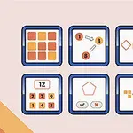 Sześć paneli z różnymi łamigłówkami wizualnymi, w tym układanki i symbole matematyczne