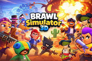 Kolorowy plakat z kreskówkowymi postaciami walczącymi na pustyni z kaktusami, eksplozjami w tle i dużym napisem „BRAWL Simulator 3D pośrodku