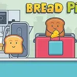 Kromki chleba z twarzami obok sprzętów kuchennych na tle z napisem Bread Pit