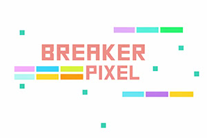 Napis „BREAKER PIXEL w stylu pikselowym na białym tle, otoczony kolorowymi prostokątnymi blokami i małymi kwadratami