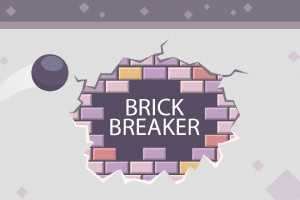 Kulista piłka z impetem uderza w ścianę z różnokolorowych cegieł, tworząc dziurę z napisem Brick Breaker