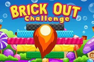 Kolorowe klocki w tle cukierkowego krajobrazu z napisem Brick Out Challenge