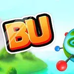 Kolorowe logo BU obok stylizowanej planety z czerwonymi i niebieskimi atomami na tle krajobrazu