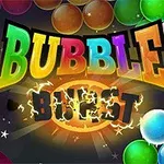 Kolorowy napis Bubble Burst otoczony różnobarwnymi kulkami na ciemnym tle