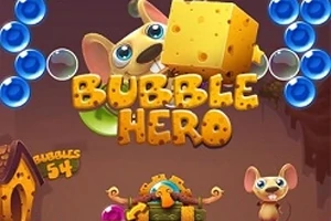 Ilustracja z myszą trzymającą ser, otoczoną niebieskimi bańkami, z napisem Bubble Hero na środku