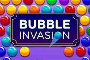Kolorowe, błyszczące kule na fioletowym tle z napisem Bubble Invasion na środku