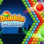 Logo Bubble Master otoczone kolorowymi bąbelkami na tle nocnego nieba z sylwetkami drzew