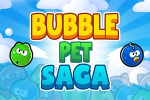 Tło z niebieskimi chmurami i kolorowym napisem Bubble Pet Saga otoczonym przez zieloną i niebieską postać w kształcie bąbelków