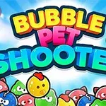 Kolorowy napis Bubble Pet Shooter na tle nieba z bąbelkami i rysunkowymi twarzami zwierząt w dolnej części obrazu
