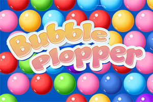 Kolorowe, błyszczące kulki na niebieskim tle z napisem Bubble Plopper
