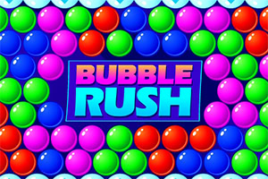 Kolorowe błyszczące kulki otaczające niebiesko-fioletowy napis „BUBBLE RUSH na granatowym tle