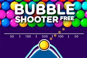 Kolorowe kulki ułożone w rzędach z tekstem Bubble Shooter Free oraz wyrzutnią kulki na dole