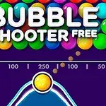 Kolorowe kulki ułożone w rzędach z tekstem Bubble Shooter Free oraz wyrzutnią kulki na dole