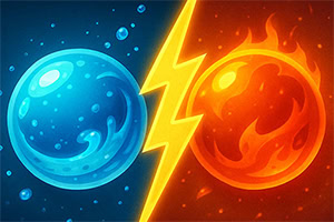 Niebieska kula wody i pomarańczowa kula ognia oddzielone żółtym piorunem na tle