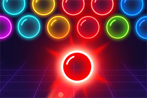 Bubble Shooter Neon Kolorowe, świecące kule z dominującą czerwoną kulą na dole na tle siatki