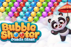 Rysunek przedstawia pandę trzymającą czerwony parasol, kolorowe kulki w tle oraz napis Bubble Shooter Panda Blast