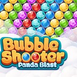 Rysunek przedstawia pandę trzymającą czerwony parasol, kolorowe kulki w tle oraz napis Bubble Shooter Panda Blast