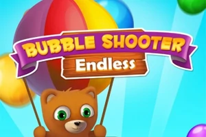 Miś trzymający balony z kolorowym napisem Bubble Shooter Endless na tle niebieskiego nieba