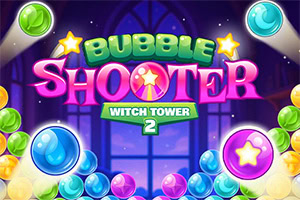 Bubble Shooter Witch Tower 2 Kolorowe bańki z logo gry Bubble Shooter Witch Tower 2 na tle okna z witrażem