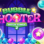 Bubble Shooter Witch Tower 2 Kolorowe bańki z logo gry Bubble Shooter Witch Tower 2 na tle okna z witrażem