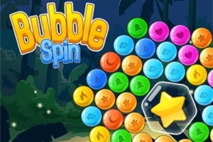 Kolorowe bąbelki ułożone w okrąg z wyeksponowaną żółtą gwiazdą na ciemnym tle z widocznym napisem Bubble Spin