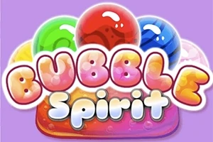 Kolorowe, błyszczące bąbelki w jasnych odcieniach z napisem Bubble Spirit na fioletowym tle