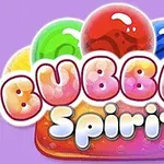 Kolorowe, błyszczące bąbelki w jasnych odcieniach z napisem Bubble Spirit na fioletowym tle