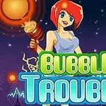Postać z czerwonymi włosami trzymająca duży młot na tle nocnego nieba z tytułem Bubble Trouble